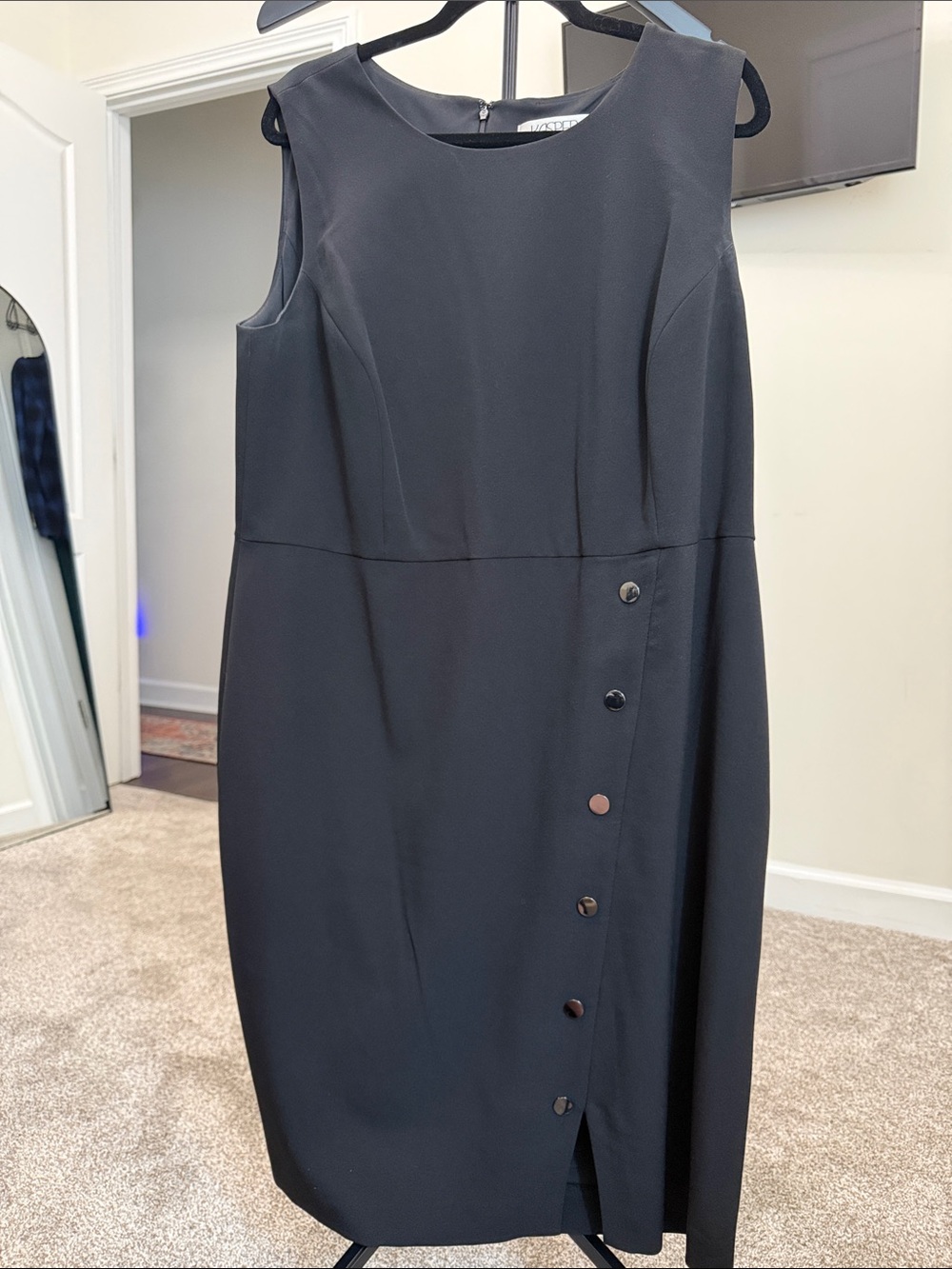Kasper Sleeveless Black Sheath Dress with Side Button Placket